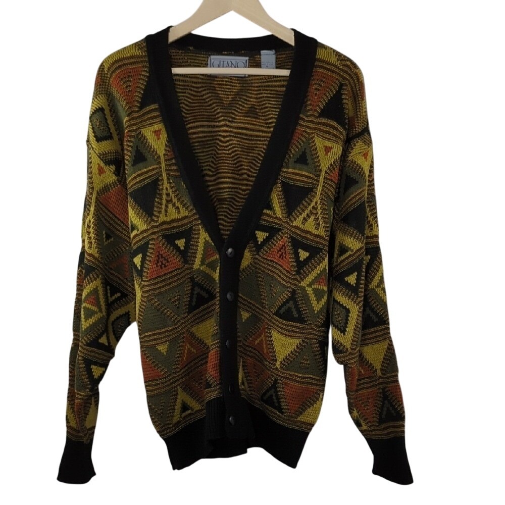 Vintage 80s Gitano Cardigan Sweater Black Orange Lime Green Martini Cosby Medium - Picture 2 of 16